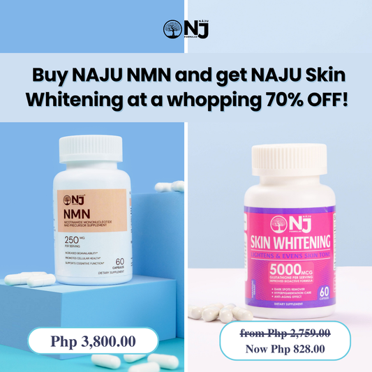 Buy NAJU NMN (Nicotinamide Mononucleotide) and get NAJU Skin Whitening at a whopping 70% OFF!